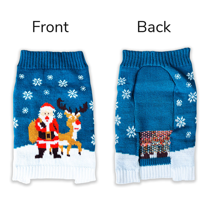 Christmas Dog Jumper Blue with Santa and Reindeer Winter Sweater Coat for All Breeds and Sizes