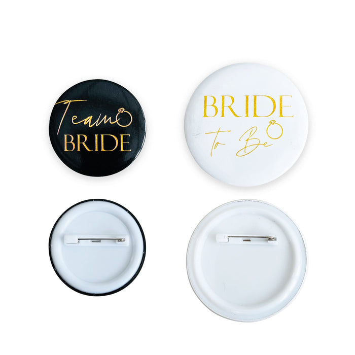 16 Black and Gold Team Bride Hen Party Badges and 1x White and Gold Bride to Be