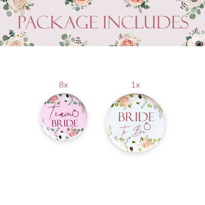 8 Light Pink Floral Team Bride Hen Party Badges and 1x White Floral Bride to Be