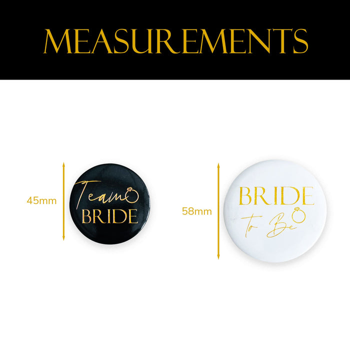 16 Black and Gold Team Bride Hen Party Badges and 1x White and Gold Bride to Be