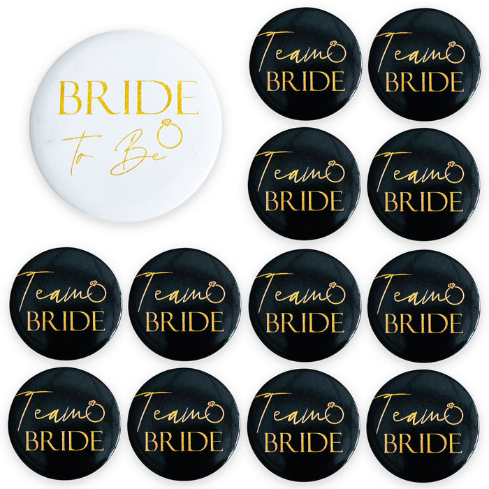 16 Black and Gold Team Bride Hen Party Badges and 1x White and Gold Bride to Be