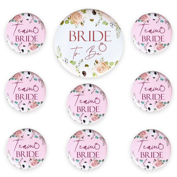 8 Light Pink Floral Team Bride Hen Party Badges and 1x White Floral Bride to Be