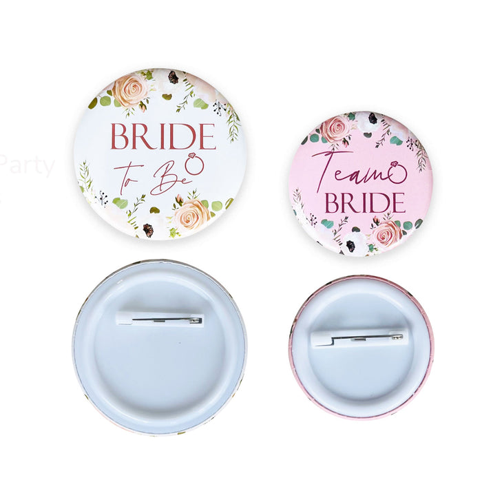 16 Light Pink Floral Team Bride Hen Party Badges and 1x White Floral Bride to Be