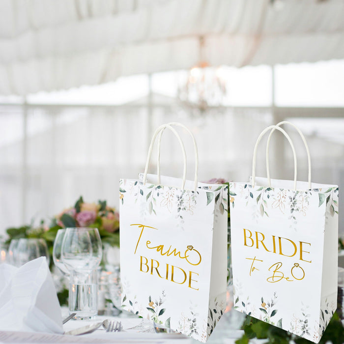 17 Pack Hen Party Bags (16x Team Bride 1x Bride to Be) Paper Bags Botanical with Gold Foil Text