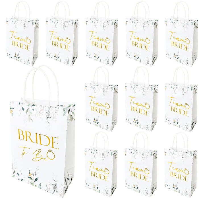 17 Pack Hen Party Bags (16x Team Bride 1x Bride to Be) Paper Bags Botanical with Gold Foil Text