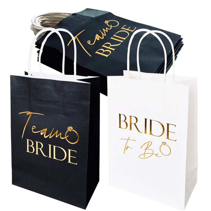 9 Pack Hen Party Bags (8x Team Bride 1x Bride to Be) Paper Bags Black and Gold Foil