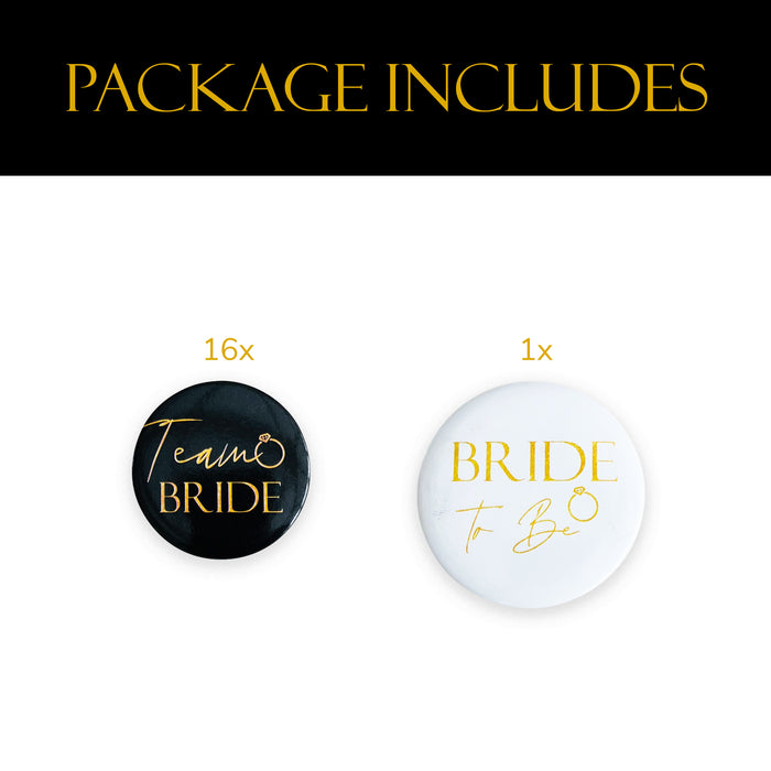 16 Black and Gold Team Bride Hen Party Badges and 1x White and Gold Bride to Be