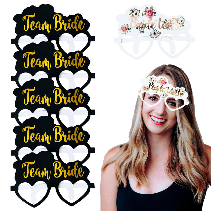 8 Black and Gold Team Bride Hen Party Card Glasses and 1x White Floral Bride to Be