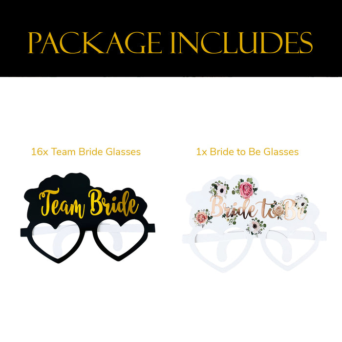 16 Black and Gold Team Bride Hen Party Card Glasses and 1x White Floral Bride to Be