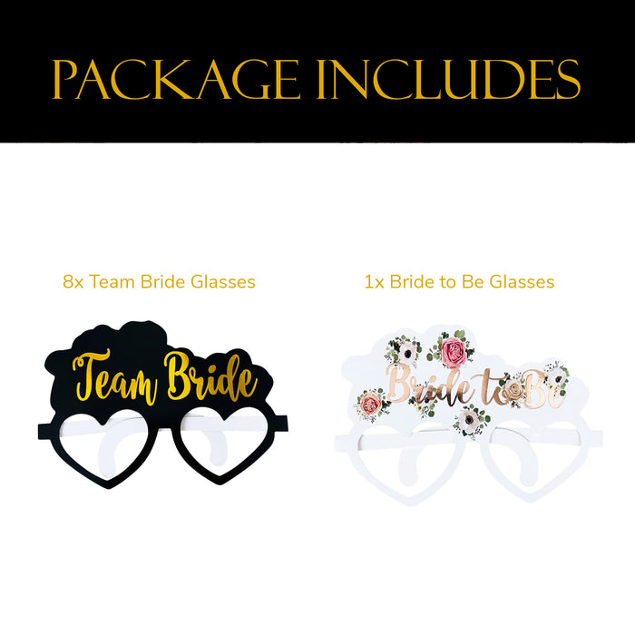 8 Black and Gold Team Bride Hen Party Card Glasses and 1x White Floral Bride to Be