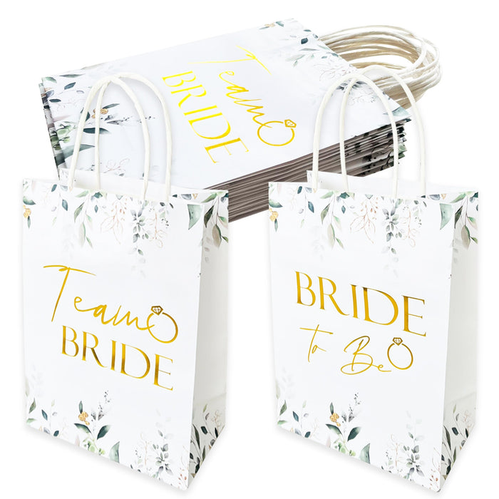 17 Pack Hen Party Bags (16x Team Bride 1x Bride to Be) Paper Bags Botanical with Gold Foil Text