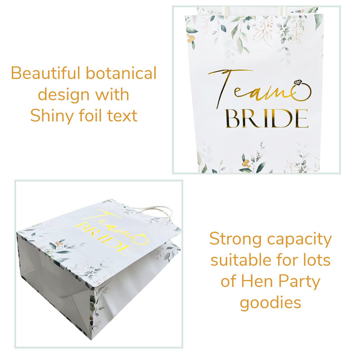 17 Pack Hen Party Bags (16x Team Bride 1x Bride to Be) Paper Bags Botanical with Gold Foil Text