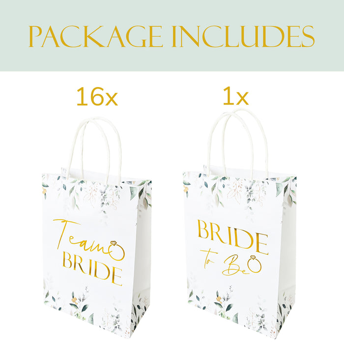 17 Pack Hen Party Bags (16x Team Bride 1x Bride to Be) Paper Bags Botanical with Gold Foil Text