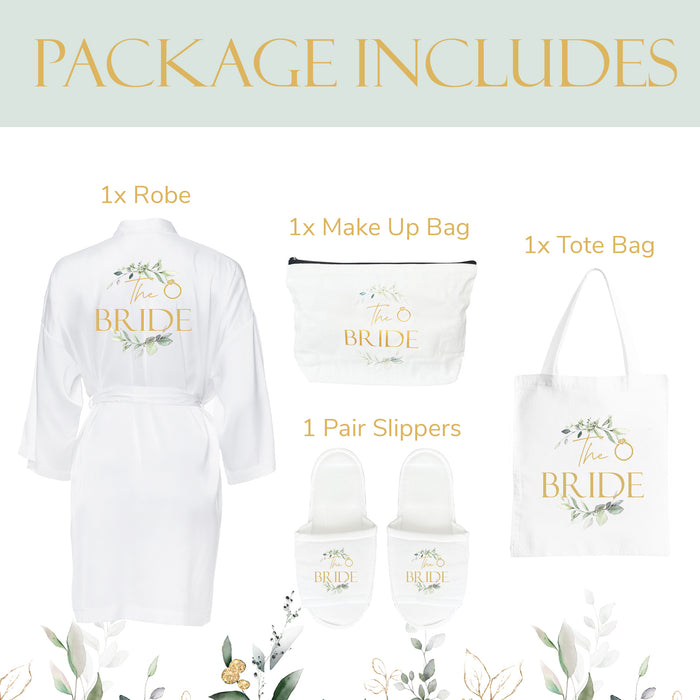 Botanical The Bride Gift Set - Spa Robe Slippers Makeup Bag & Tote Bag