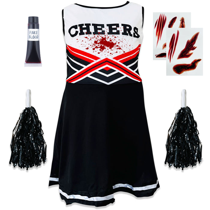 Childrens Kids Girls Zombie Cheerleader Fancy Dress Costume Black, Scars and Fake Blood