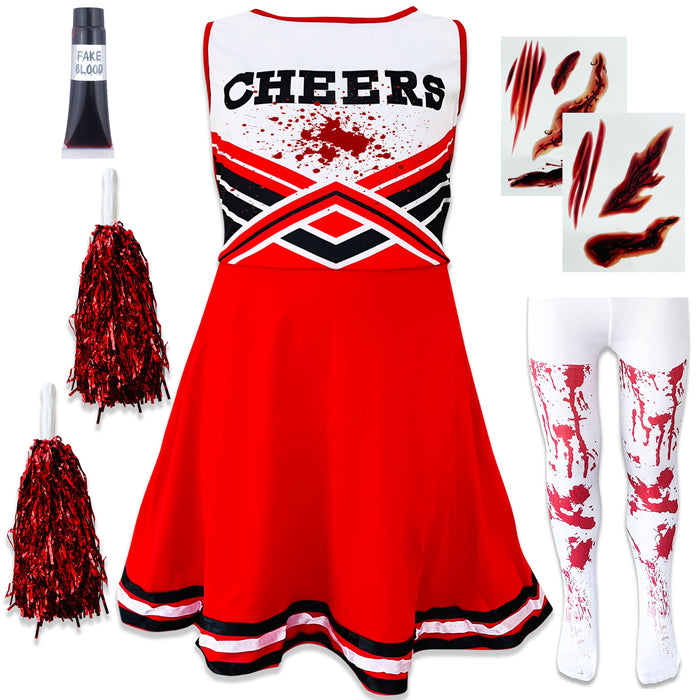 Childrens Kids Girls Zombie Cheerleader Red Fancy Dress Costume Scars Tights and Fake Blood