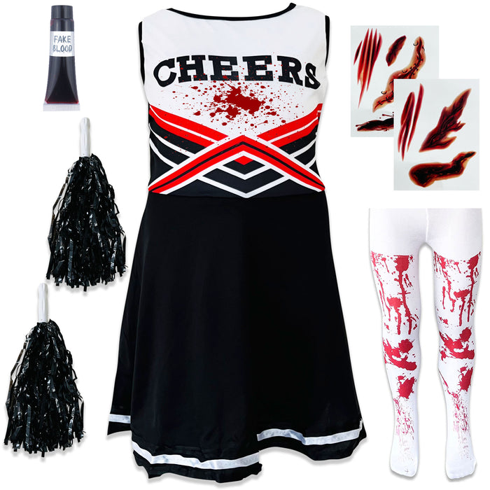 Childrens Kids Girls Zombie Cheerleader Black Fancy Dress Costume Scars Tights and Fake Blood