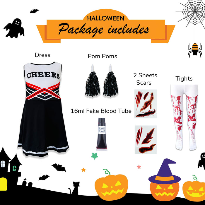 Childrens Kids Girls Zombie Cheerleader Black Fancy Dress Costume Scars Tights and Fake Blood