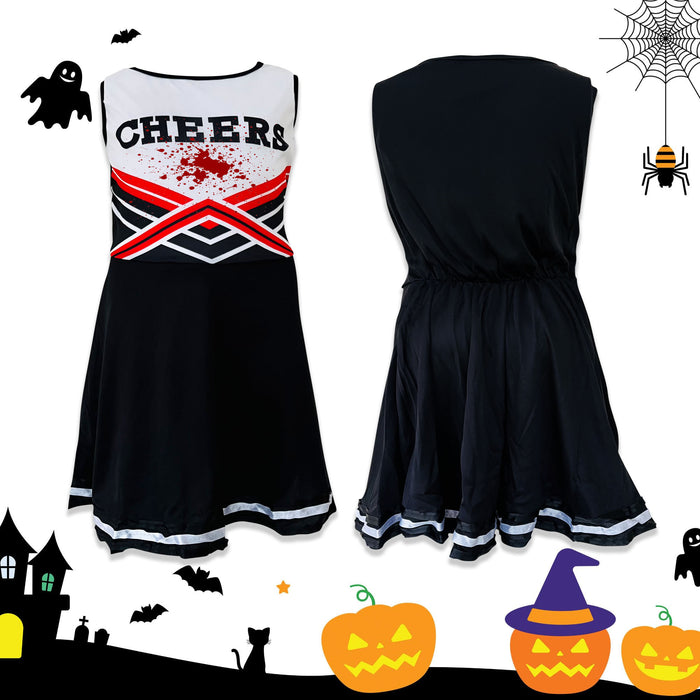 Childrens Kids Girls Zombie Cheerleader Black Fancy Dress Costume Scars Tights and Fake Blood