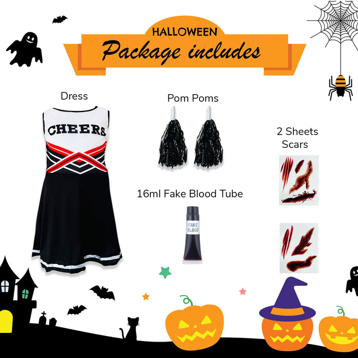 Childrens Kids Girls Zombie Cheerleader Fancy Dress Costume Black, Scars and Fake Blood