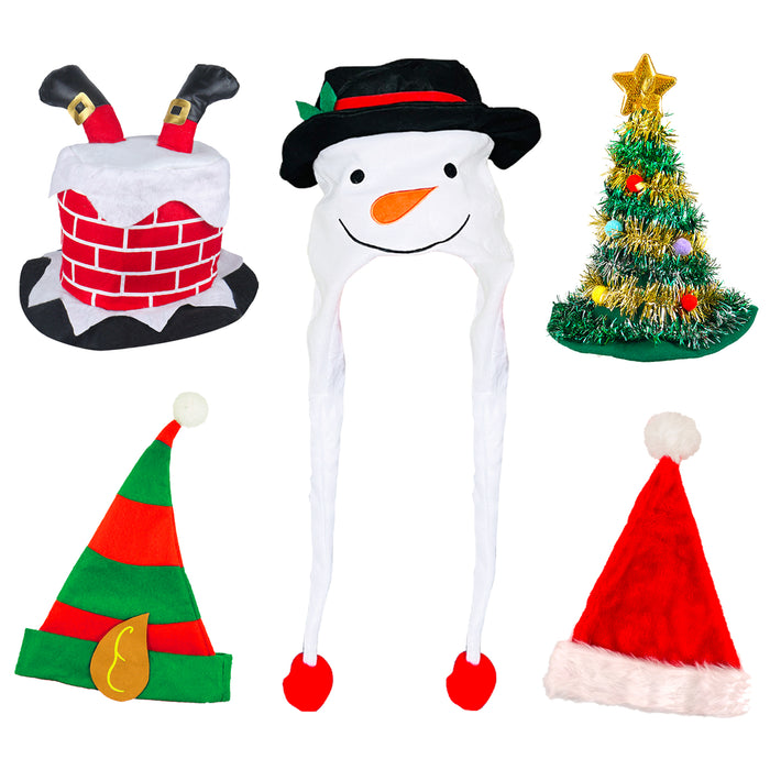 Pack of 5 Novelty Christmas Hats (Snowman, Chimney, Tree, Elf, Deluxe Santa)