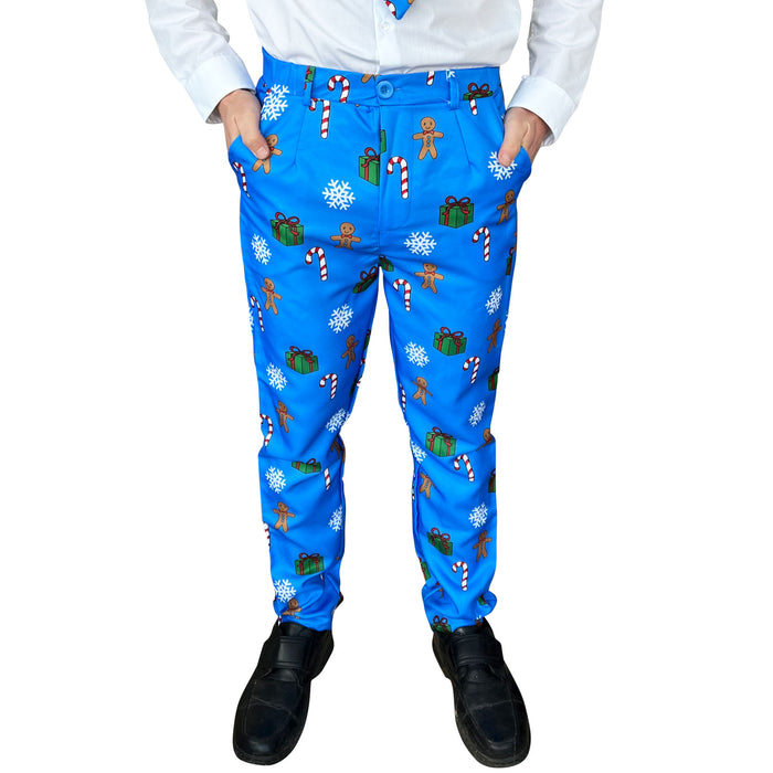 Mens Blue Christmas Suit and Tie Set - Gingerbread Men and Candy Canes