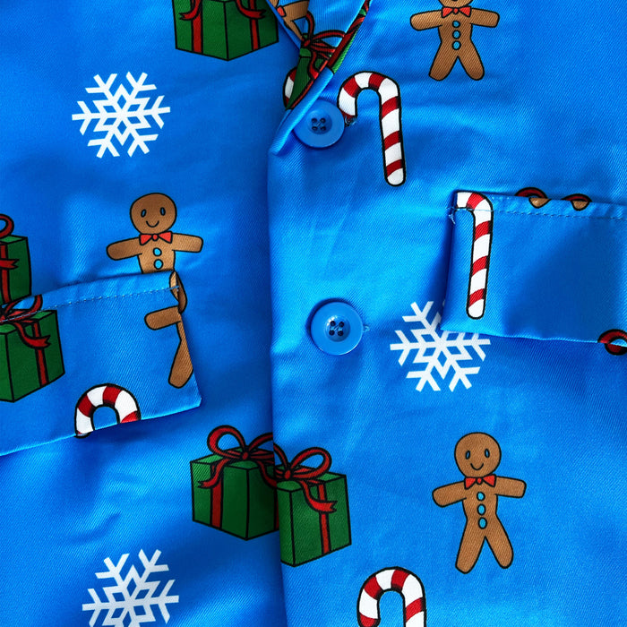 Mens Blue Christmas Suit and Tie Set - Gingerbread Men and Candy Canes