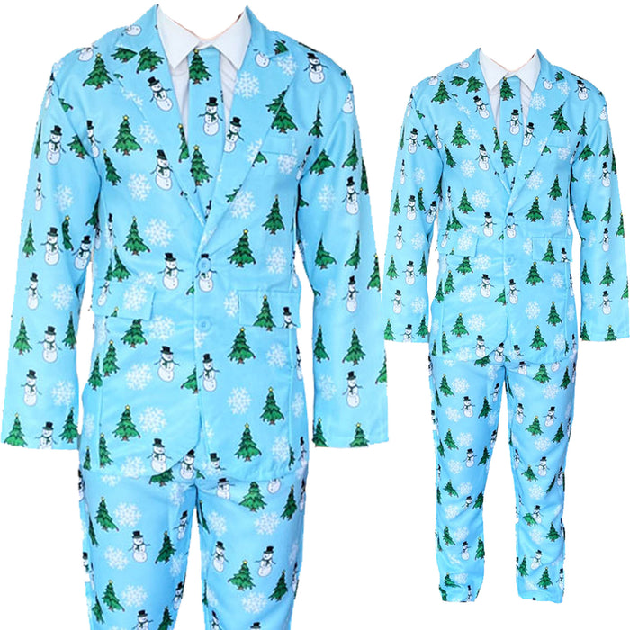 Mens Light Blue Christmas Suit and Tie Set - Snowmen and Christmas Trees