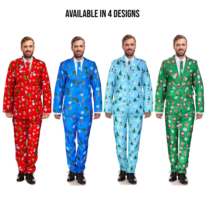 Mens Red Christmas Suit and Tie Set - Red with Santa, Reindeer, Snowmen and Trees