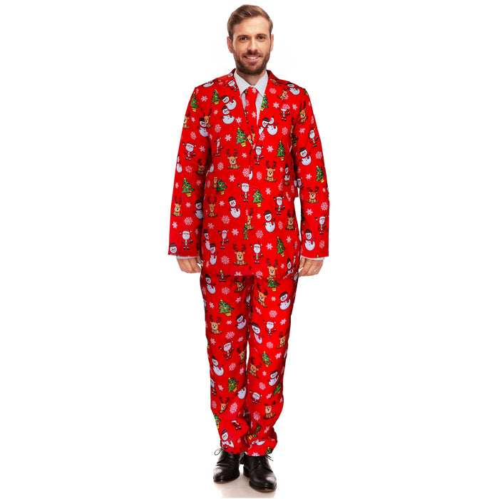 Mens Red Christmas Suit and Tie Set - Red with Santa, Reindeer, Snowmen and Trees