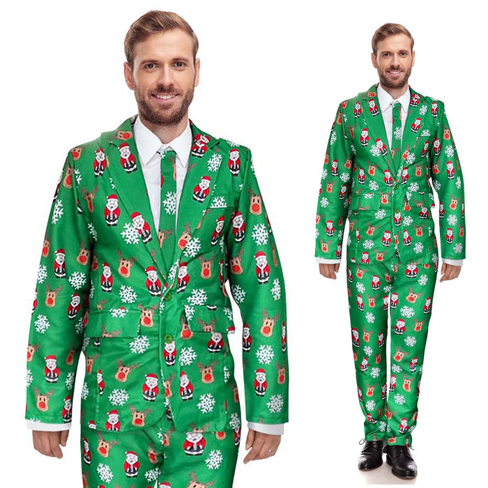 Mens Green Christmas Suit and Tie Set - Reindeer and Santa Claus