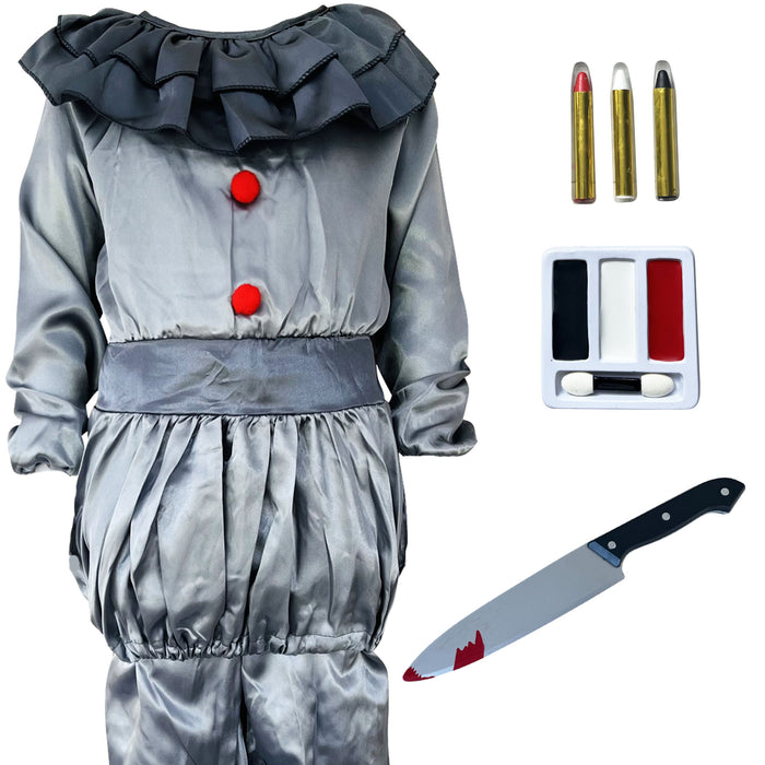 Childrens Kids Boys Girls Grey Killer Clown Fancy Dress Costume, Fake Knife and Make Up