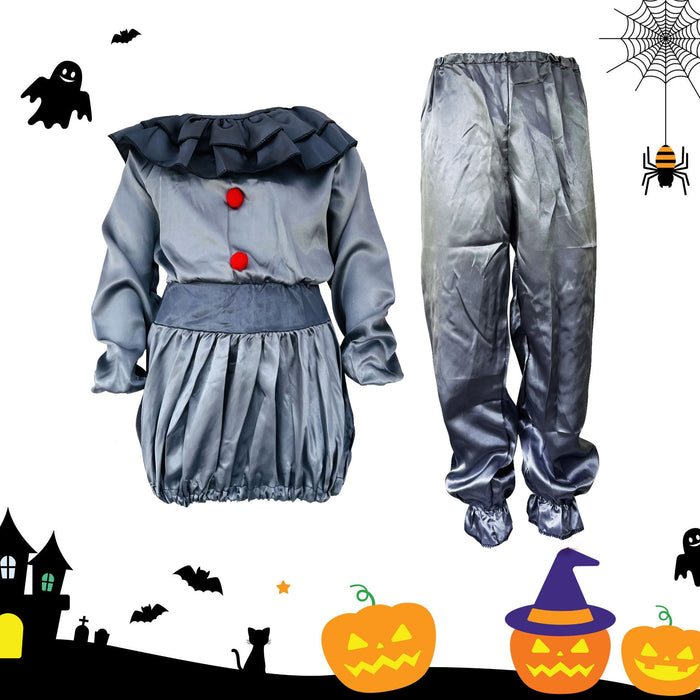 Childrens Kids Boys Girls Grey Killer Clown Fancy Dress Costume, Fake Knife and Make Up