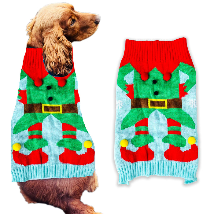 Christmas Dog Jumper Light Blue with Elf Winter Sweater Coat for All Breeds and Sizes