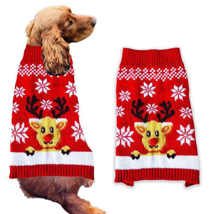 Christmas Dog Jumper Red with Reindeer Winter Sweater Coat for All Breeds and Sizes