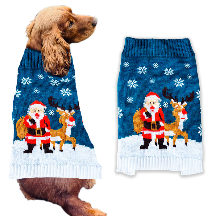 Christmas Dog Jumper Blue with Santa and Reindeer Winter Sweater Coat for All Breeds and Sizes