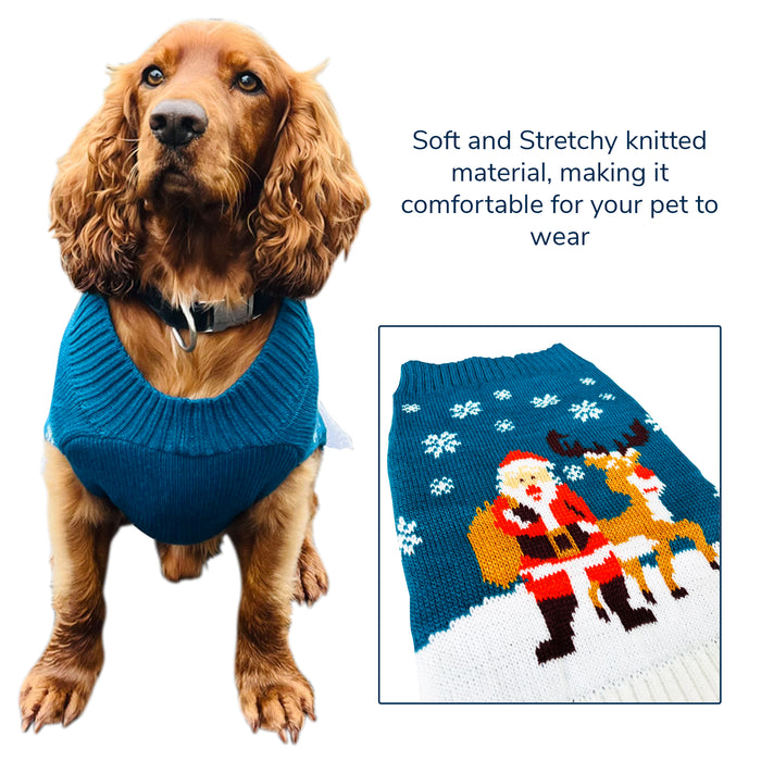 Christmas Dog Jumper Blue with Santa and Reindeer Winter Sweater Coat for All Breeds and Sizes