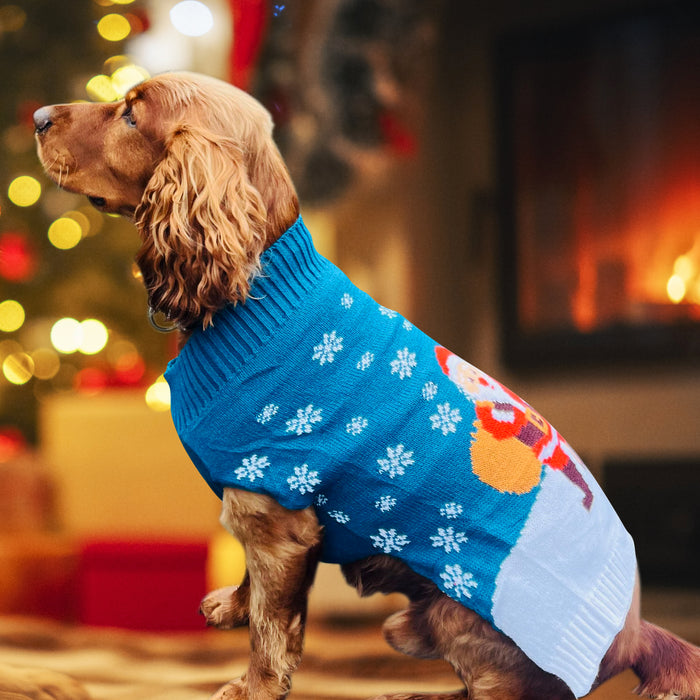 Christmas Dog Jumper Blue with Santa and Reindeer Winter Sweater Coat for All Breeds and Sizes