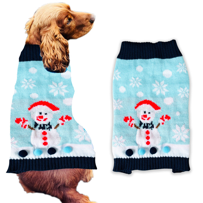 Christmas Dog Jumper Light Blue with Snowman Winter Sweater Coat for All Breeds and Sizes