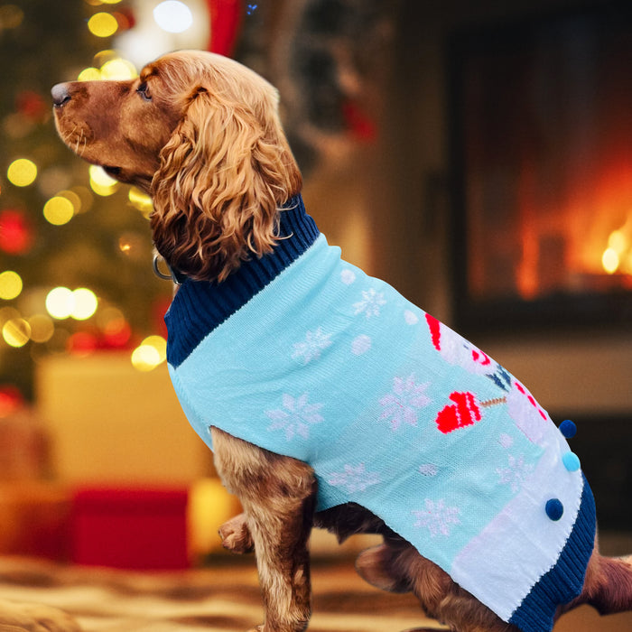 Christmas Dog Jumper Light Blue with Snowman Winter Sweater Coat for All Breeds and Sizes