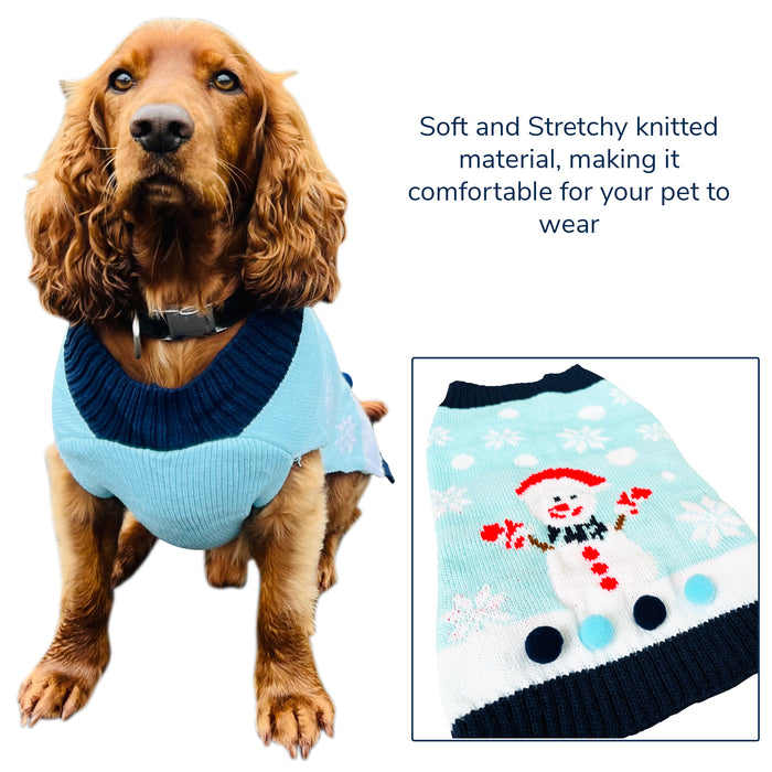 Christmas Dog Jumper Light Blue with Snowman Winter Sweater Coat for All Breeds and Sizes