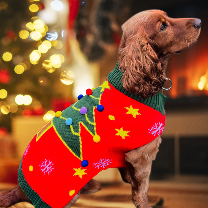 Christmas Dog Jumper Red with Tree Winter Sweater Coat for All Breeds and Sizes