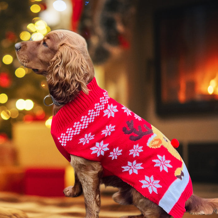 Christmas Dog Jumper Red with Reindeer Winter Sweater Coat for All Breeds and Sizes