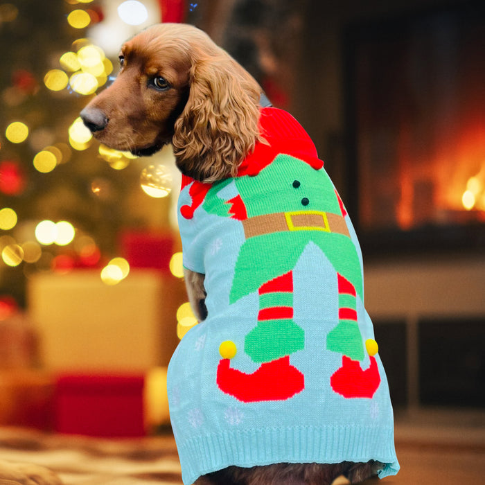 Christmas Dog Jumper Light Blue with Elf Winter Sweater Coat for All Breeds and Sizes