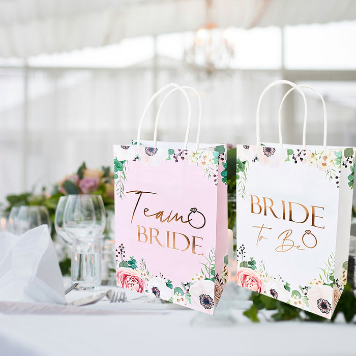 17 Pack Hen Party Bags (16x Team Bride 1x Bride to Be) Paper Bags Light Pink Floral with Rose Gold Foil Text