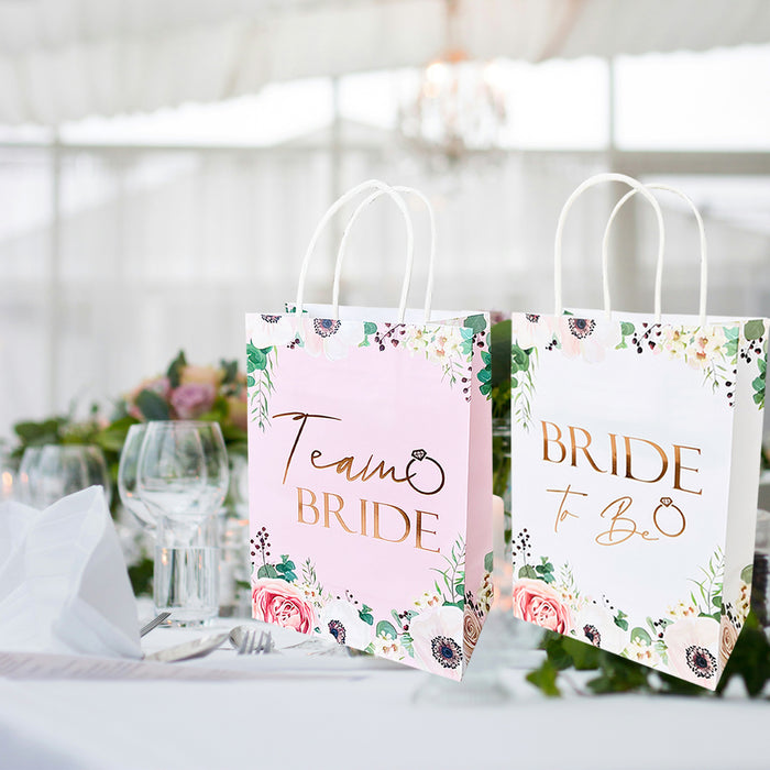 9 Pack Hen Party Bags (8x Team Bride 1x Bride to Be) Paper Bags Light Pink Floral with Rose Gold Foil Text