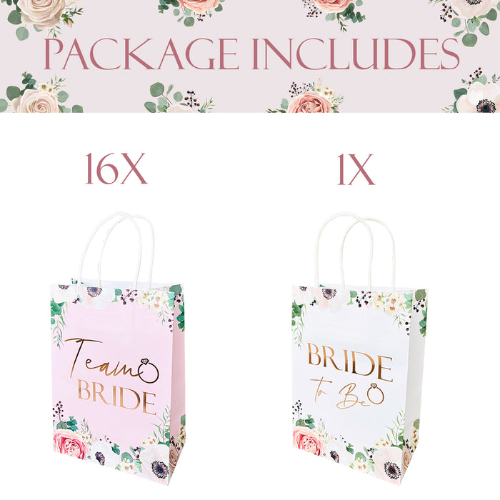 17 Pack Hen Party Bags (16x Team Bride 1x Bride to Be) Paper Bags Light Pink Floral with Rose Gold Foil Text