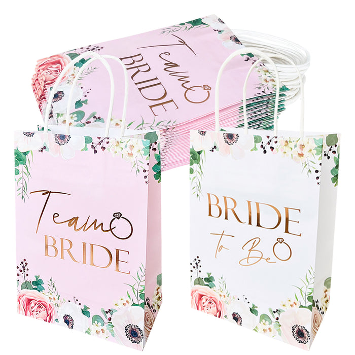 9 Pack Hen Party Bags (8x Team Bride 1x Bride to Be) Paper Bags Light Pink Floral with Rose Gold Foil Text