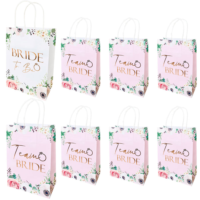 9 Pack Hen Party Bags (8x Team Bride 1x Bride to Be) Paper Bags Light Pink Floral with Rose Gold Foil Text