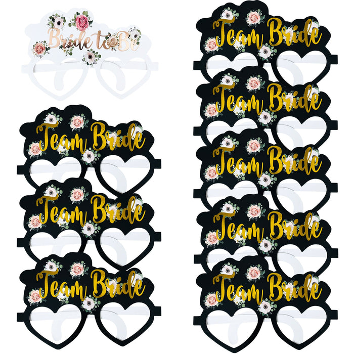 16 Black Floral Team Bride Hen Party Card Glasses and 1x Bride to Be